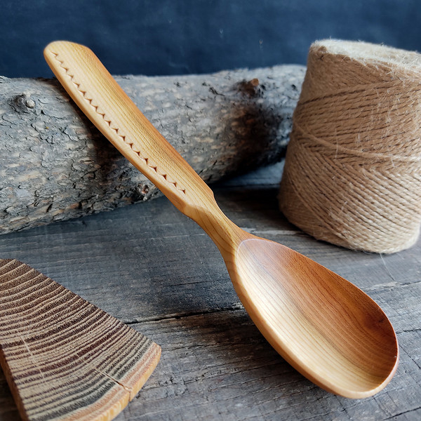 Handmade wooden spoon from natural apricot wood with decorated handle - 04