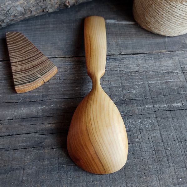 Handmade wooden spoon from natural apricot wood with decorated handle - 07