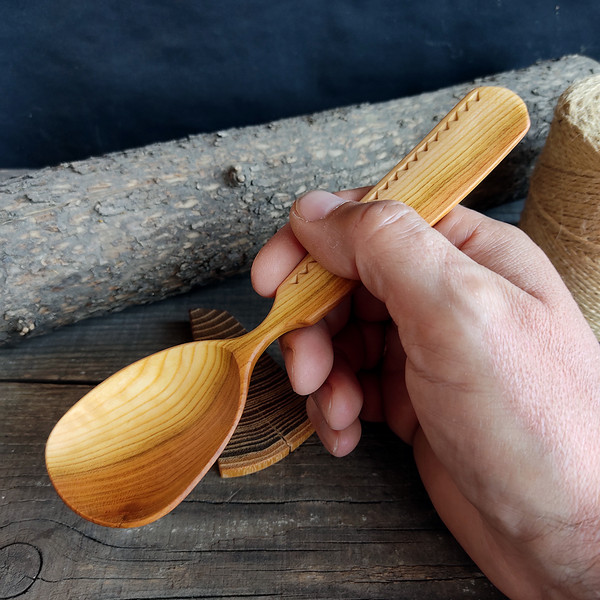 Handmade wooden spoon from natural apricot wood with decorated handle - 01