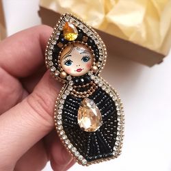 Black Nesting doll jewelry brooch, matryoshka beaded pin, babushka Doll