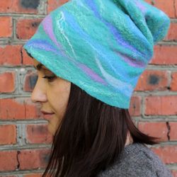 Felt hat MINT WAVE handmade slouchy beanie hat. Winter Accessories. gifts for women. Warm lightweight two way merino woo