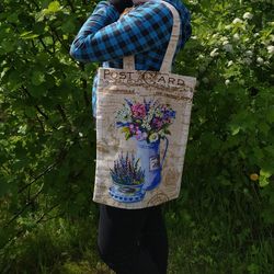 Strong reusable beige tote bag, cotton canvas bag with flowers