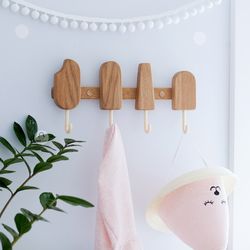 Wall hanger for kidsroom or bathroom with hooks, cute wooden ice cream hooks