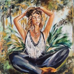 woman painting meditation original art portrait oil painting canvas wall art