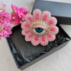 Brooch flower with eye, evil eye jewelry, handmade brooch, pink flower, gift for her
