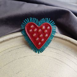 Red and turquoise heart brooch, Colorful pin, polymer clay, glass beads and enamel jewelry
