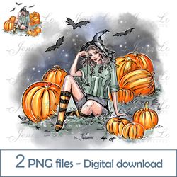 Witch Halloween 2 PNG files Happy Halloween clipart Happy fall Sublimation Bat design Pumpkin Digital Download