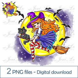 Witch on a broomstick 2 PNG files Happy Halloween clipart Moon Black Cat Sublimation design girl Digital Download
