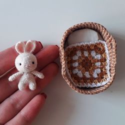 Miniature bunny in basket. crochet mini bunny. miniature toy in bed. Cute bunny for gift. crochet miniature