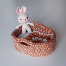 miniature bunny in basket. handmade bunny. miniature toy. cute bunny for gift. crochet miniature