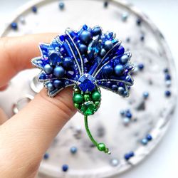 Cornflower jewelry brooch, boutonniere, blue flower pin, glass beaded brooch