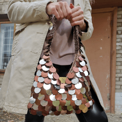 Brown gold Baguette bag crochet, vintage sequin bag, shimmer 90s bag, checkered tote bag for women, mini shoulder bag