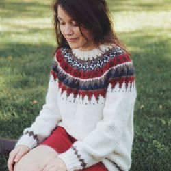 White hand knitted jumper with pattern