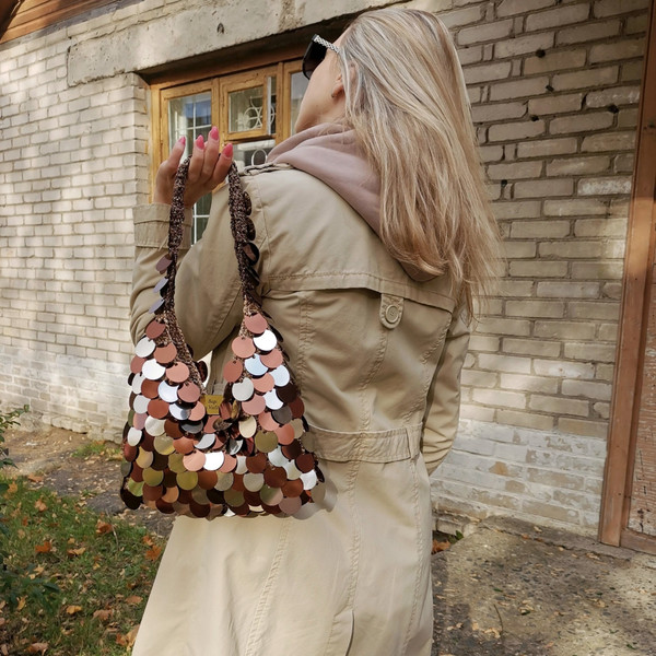 Brown gold Baguette bag crochet vintage sequin bag shimmer