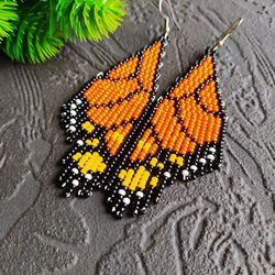 Monarch Butterfly Wing Earrings, Orange Butterfly Earrings, Orange Beaded Fringe Earrings, Woven Beaded Earrings