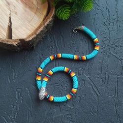 Beaded snake necklace, Blue snake necklace, Snake choker, Witch jewelry, Ouroboros snake jewelry, Halloween necklace