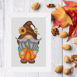 fall gnome cross stitch pattern, pumpkin gnome, pumpkin cross stitch, autumn gnome, fall cross stitch