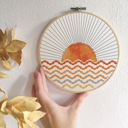 Boho sun cross stitch pattern Modern cross stitch PDF Abstract sun and sea 70s style