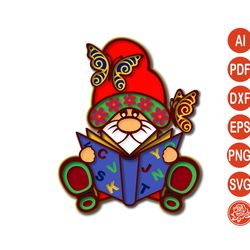 3D Multi Layered Gnome with Book Mandala SVG, Back to School, DXF Files For Cricut