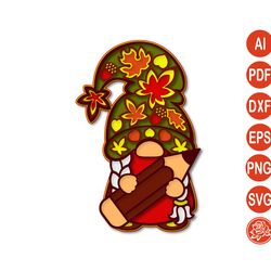 3D Multi Layered Gnome with Pencil Mandala SVG, Back to School, DXF Files For Cricut