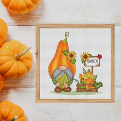 gnome cross stitch pattern pdf, gnome with pumpkins, pumpkin cross stitch, fall gnome, fall cross stitch