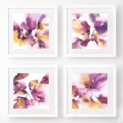 Original watercolor painting Set of 4 floral cards for wall decor Purple wall art Bedroom Kitchen Living room wall decor