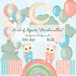 Baby clipart, clipart with balloons, clipart with cats, baby shower clipart, digital clipart, baby illustration