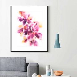 Abstract floral wall art with watercolor purple flowers Large painting for Living room Bedroom Kitchen Hotel wall decor