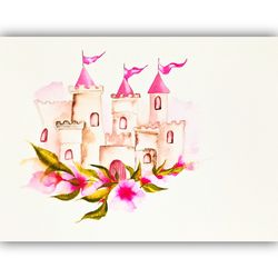 Pink Castle Painting Little Princess Watercolor Artwork Magical Kingdom Wall Art by LarisaRay