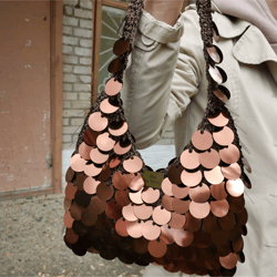 Brown Baguette bag crochet, vintage sequin bag, shimmer 90s bag, handmade bag for women, mini shoulder bag