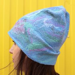 Felt hat BLUE SKY handmade slouchy beanie hat. Winter Accessories. gifts for women Warm lightweight two way merino wool