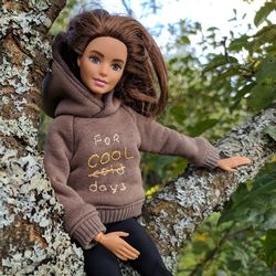 Hoodie for Barbie, handmade embroidered hoodie for doll, warm sweater for Barbie.