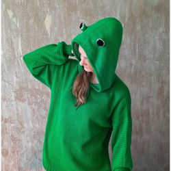 frog hoodie women , goblincore clothing , hoodie for women , handmade sweater , knitted sweater , handmade gift