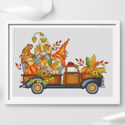 Gnomes cross stitch pattern PDF, thanksgiving gnomes, pumpkin cross stitch, truck cross stitch, thanksgiving day