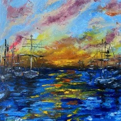 Seascape Painting Sunset Original Art Impasto Artwork Ship Painting Abstract Canvas Sea Artwork 12 by 16 inches