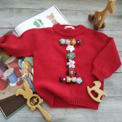 Personalized wool knit sweater with baby's name. Custom winter clothes with flowers embroidery for girls, kids, child