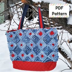 Chenille bag pattern, Denim tote bag pattern, Grocery bag pattern, Upcycle denim pattern, Chenille quilting tutorial