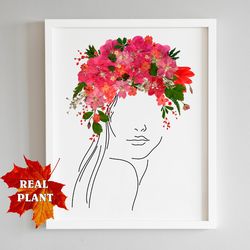 woman line art, feminist art print, female line art, aesthetic wall art, living room wall decor, pressed flower art