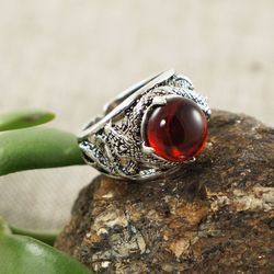 Cherry Ruby Red Glass Silver Snake Adjustable Ring Large Statement Boho Hippie Brutal Gothic Unisex Ring Jewelry 6356