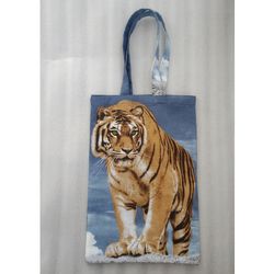 Strong reusable blue eco-friendly canvas tote bag with tiger
