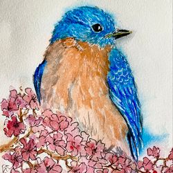 blue bird painting bird original art watercolor painting small wall art floral artwork bird watercolor art