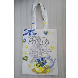 Strong reusable blue eco-friendly canvas tote bag with violets