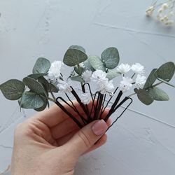 Babys breath hair pins with sage green eucalyptus Wedding hairpin little flowers Bridal hair piece gypsophila