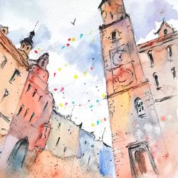 City Painting Od Town Original Small Art Cityscape Watercolor Travel Sketch 8" by 12"  by ArtMadeIra