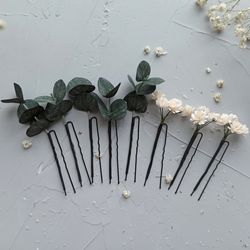 Wedding greenery eucalyptus hair pins Bridal babys breath hair piece White gypsophila wedding flowers bobby pins
