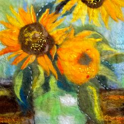 sunflower,inspired by van gogh,handmade wool art,original felted ,felt art painting,wool picture,modern embroidery wall