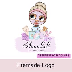 Bright cosmetics shop premade logo design, beauty salon logo,  girl character logo, makeup mua artist logo, cartoon logo