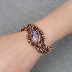 natural faceted amethyst wire wrapped copper bracelet asymmetric bracelet for woman unique wire wrapped artisan jewelry