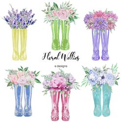 Watercolor wellies with flowers. Floral boots 6 PNG