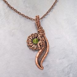 Elegant leaf and flower necklace Natural green jade copper wire long pendant Wire wrapped copper jewelry Wire Wrap Art